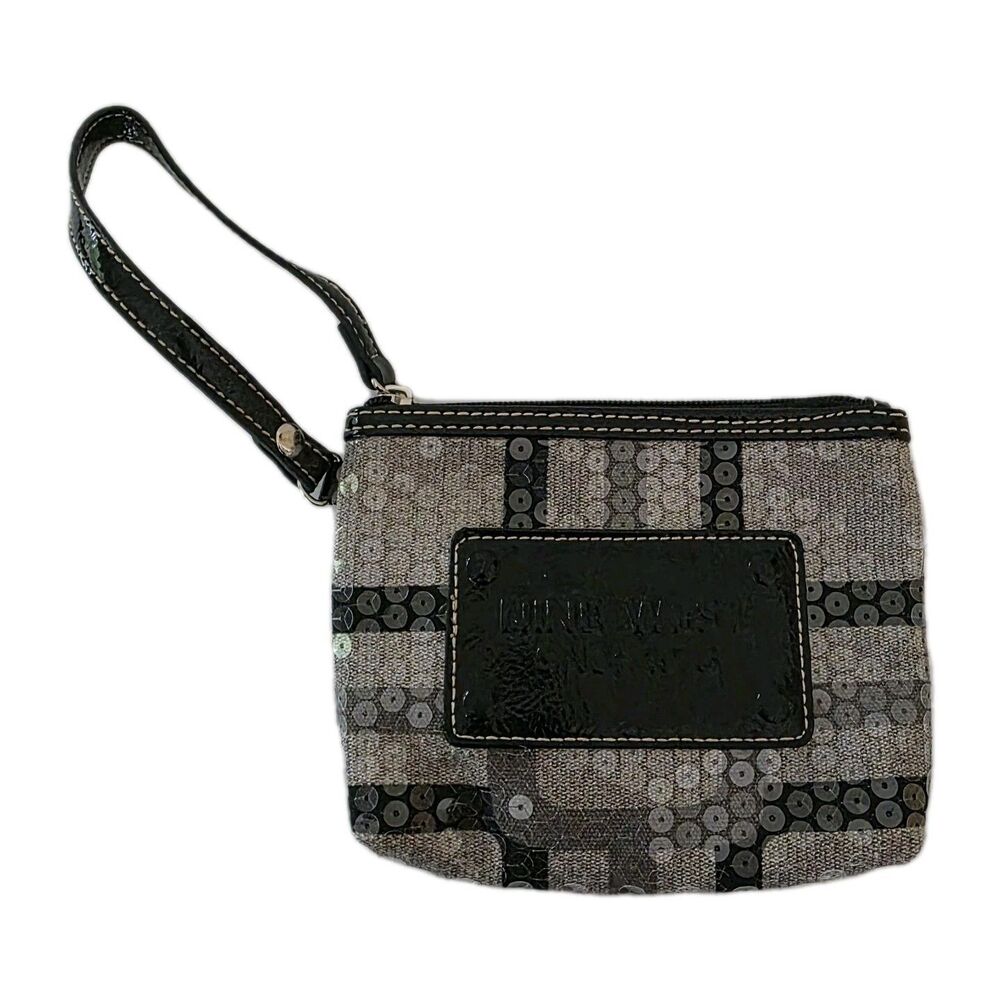 Nine West Black & Grey Sequin Card Case Wristlet Wallet W Pink Interior